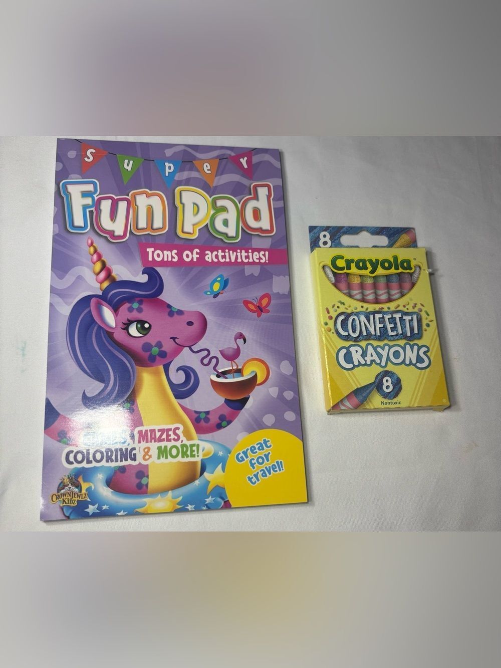 2 New Crayola Confetti Crayons 8-Pack in Bright Yellow Box with Purple Fun Pad